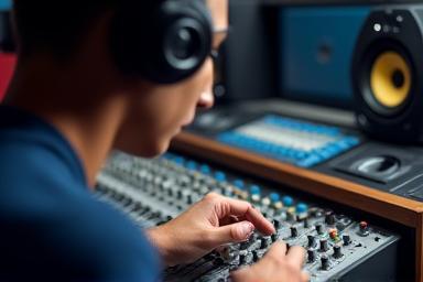 Person in a soundproof room adjusting audio recording levels on a mixer.