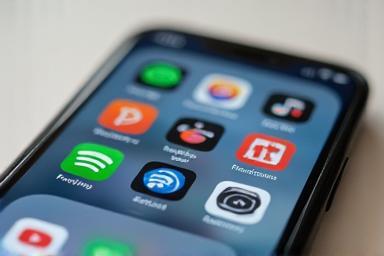 Mobile phone screen showing icons of popular podcast platforms like Apple Podcasts, Spotify, and Google Podcasts.