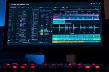 Computer screen displaying a complex audio editing software interface (DAW) with multiple tracks.