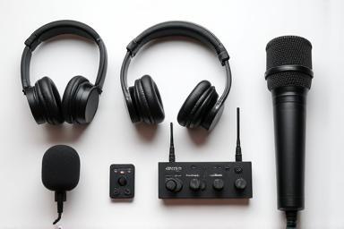 Collection of various podcasting equipment including microphones, headphones, and audio interfaces.
