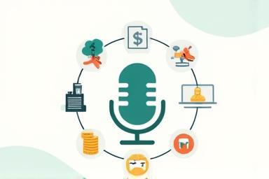 Illustration showing various monetization methods like sponsorships, donations, and premium content symbols around a podcast icon.