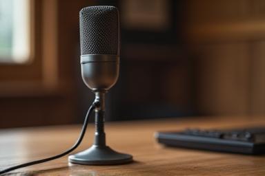 Close-up of a professional microphone on a wooden desk, symbolizing the start of podcasting.